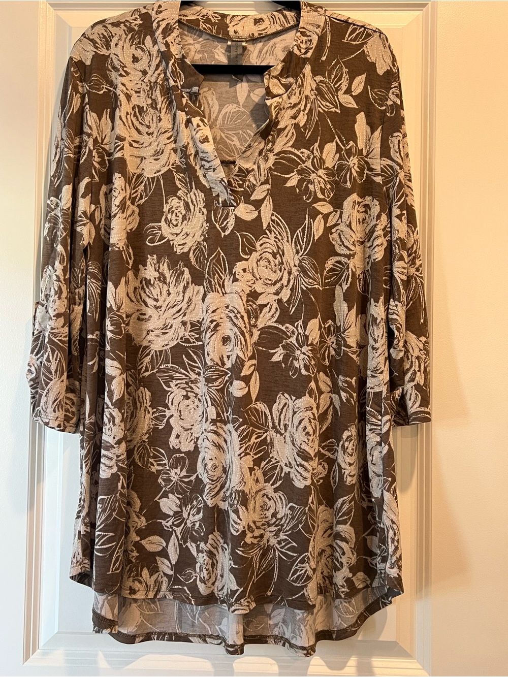 Floral Print Taupe Tunic Top with Cream Blooms